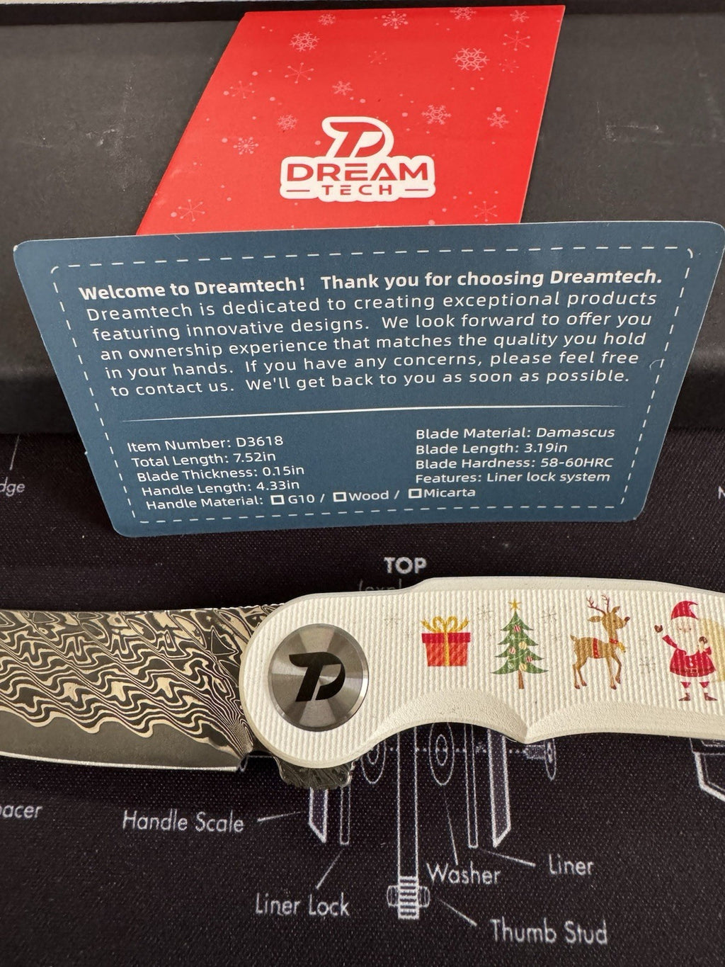 DREAMTECH Christmas Damascus Blade White G10 Flipper EDC Knife LIMITED EDITION