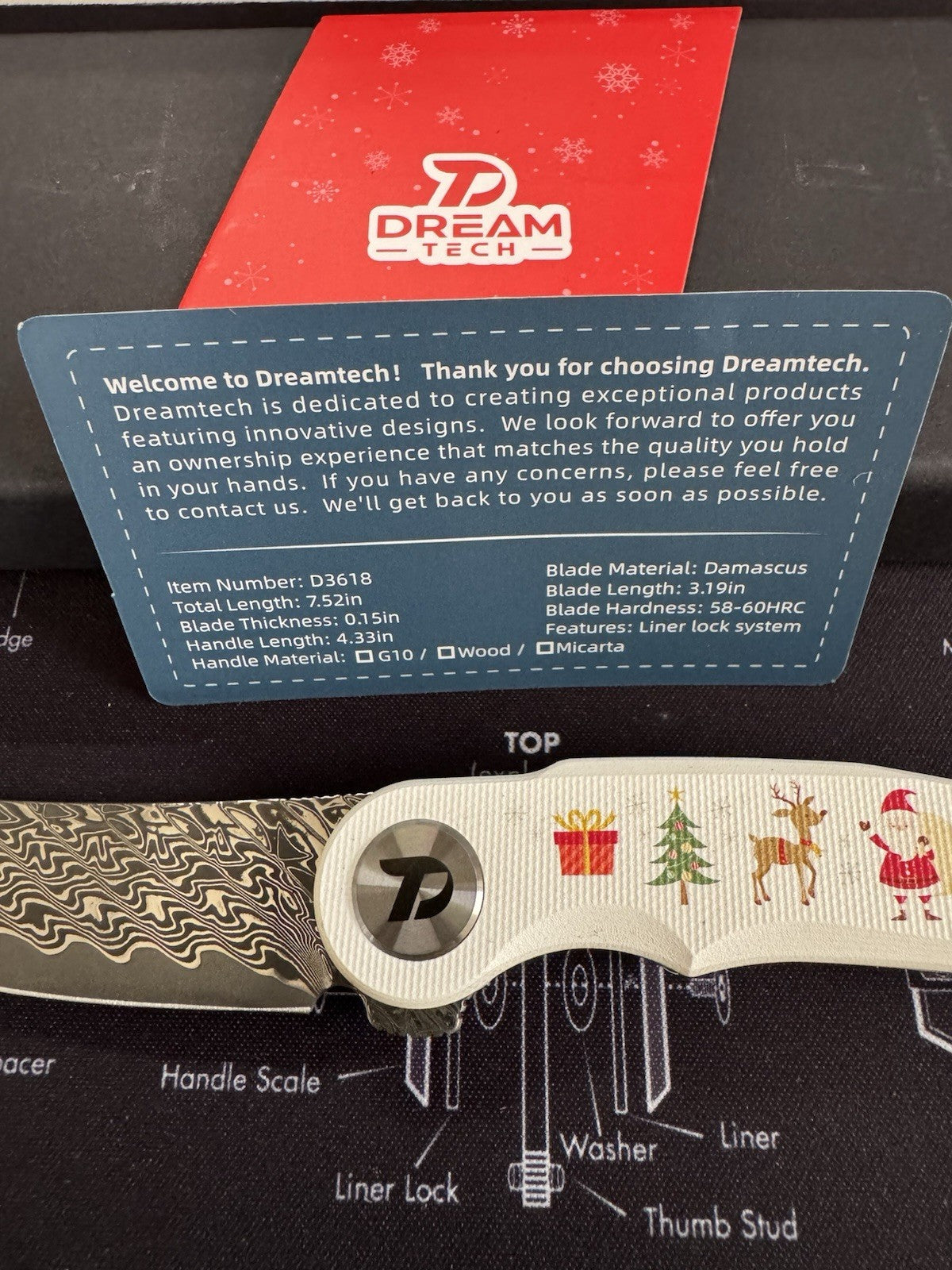 DREAMTECH Christmas Damascus Blade White G10 Flipper EDC Knife LIMITED EDITION