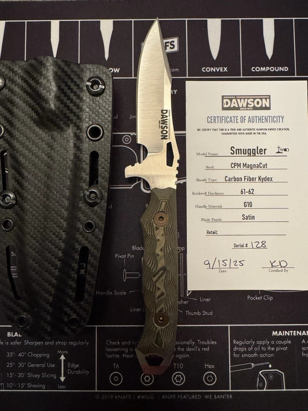 Dawson Knives Smuggler Fixed Knife 3.38" CPM MagnaCut Steel Blade G10 Handle