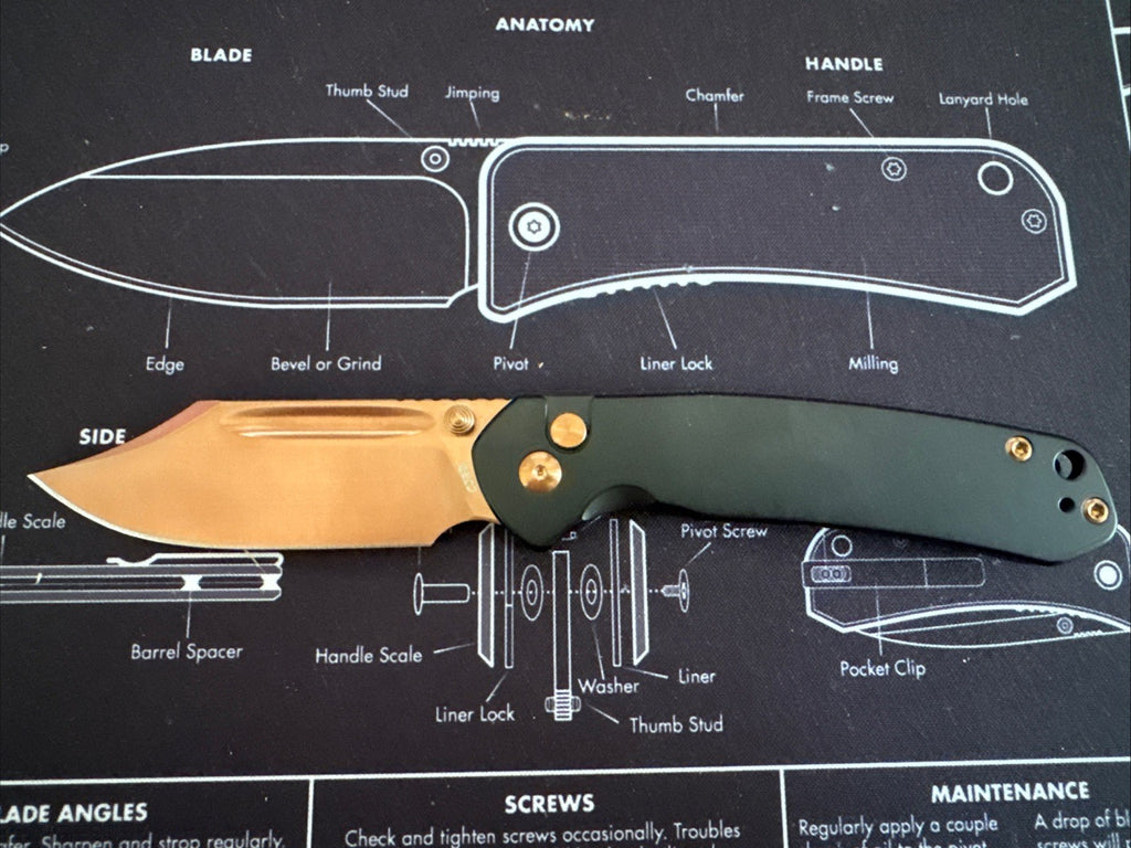 CJRB Bowie Pyrite Folding Knife 3.13" AR-RPM9 Steel Blade Black Stainless Handle