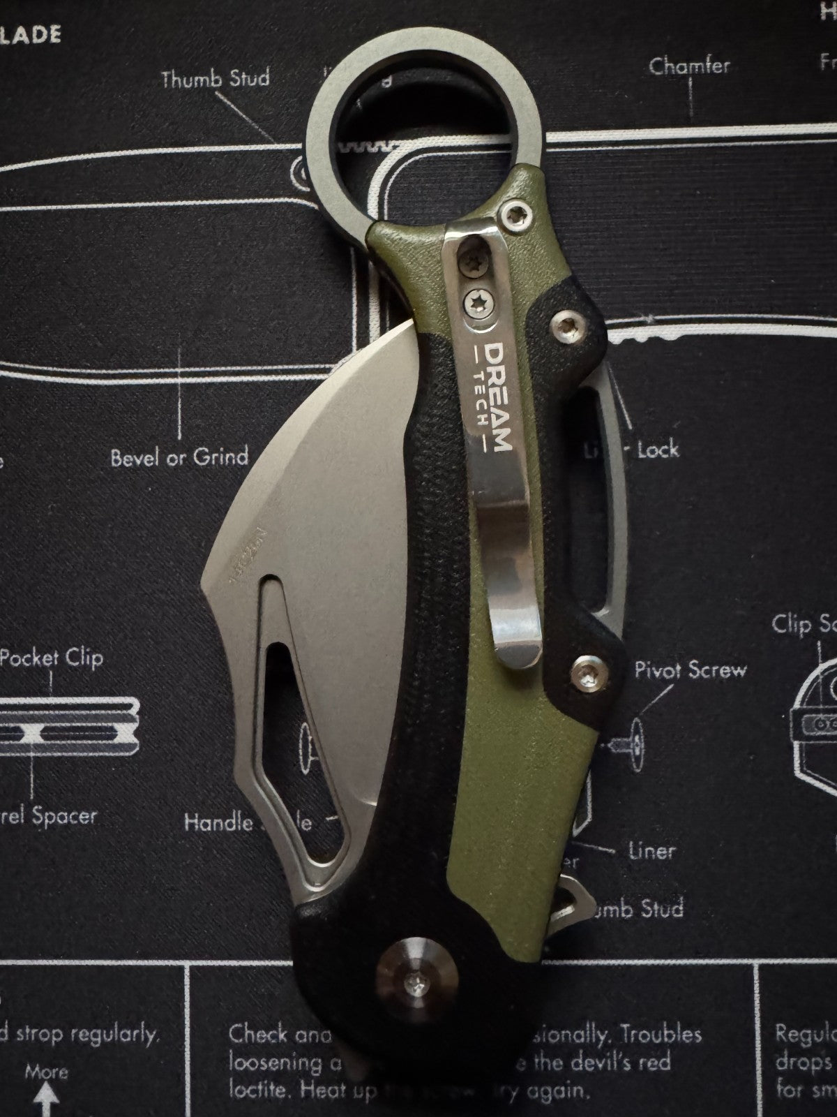 Dreamtech Button Lock Karambit Black & Green G10 Folding 14C28N Sandvik Pocket