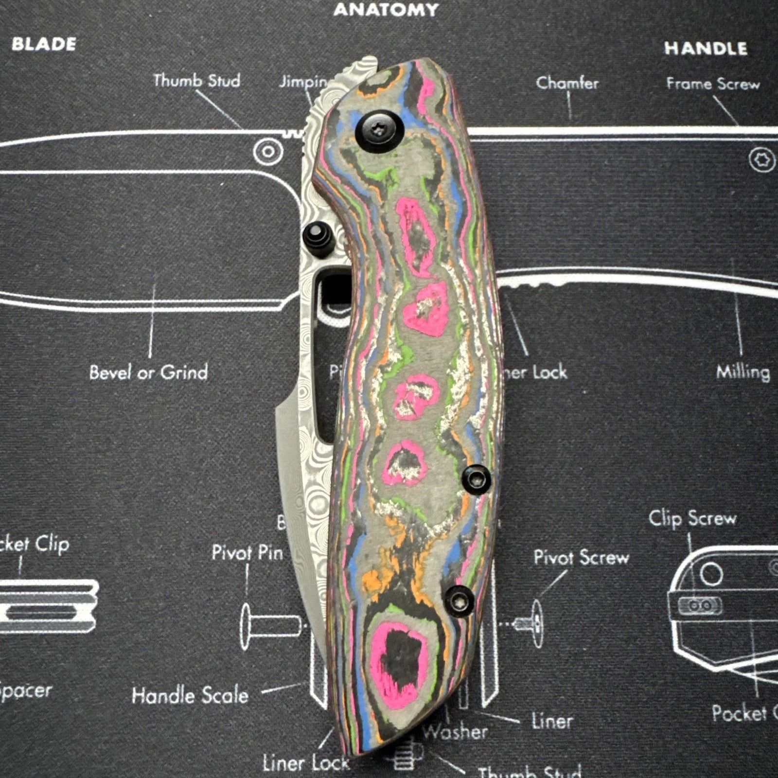 Kansept Link Folding Knife 80S Camo CF/Ti Handle Damascus Plain Edge