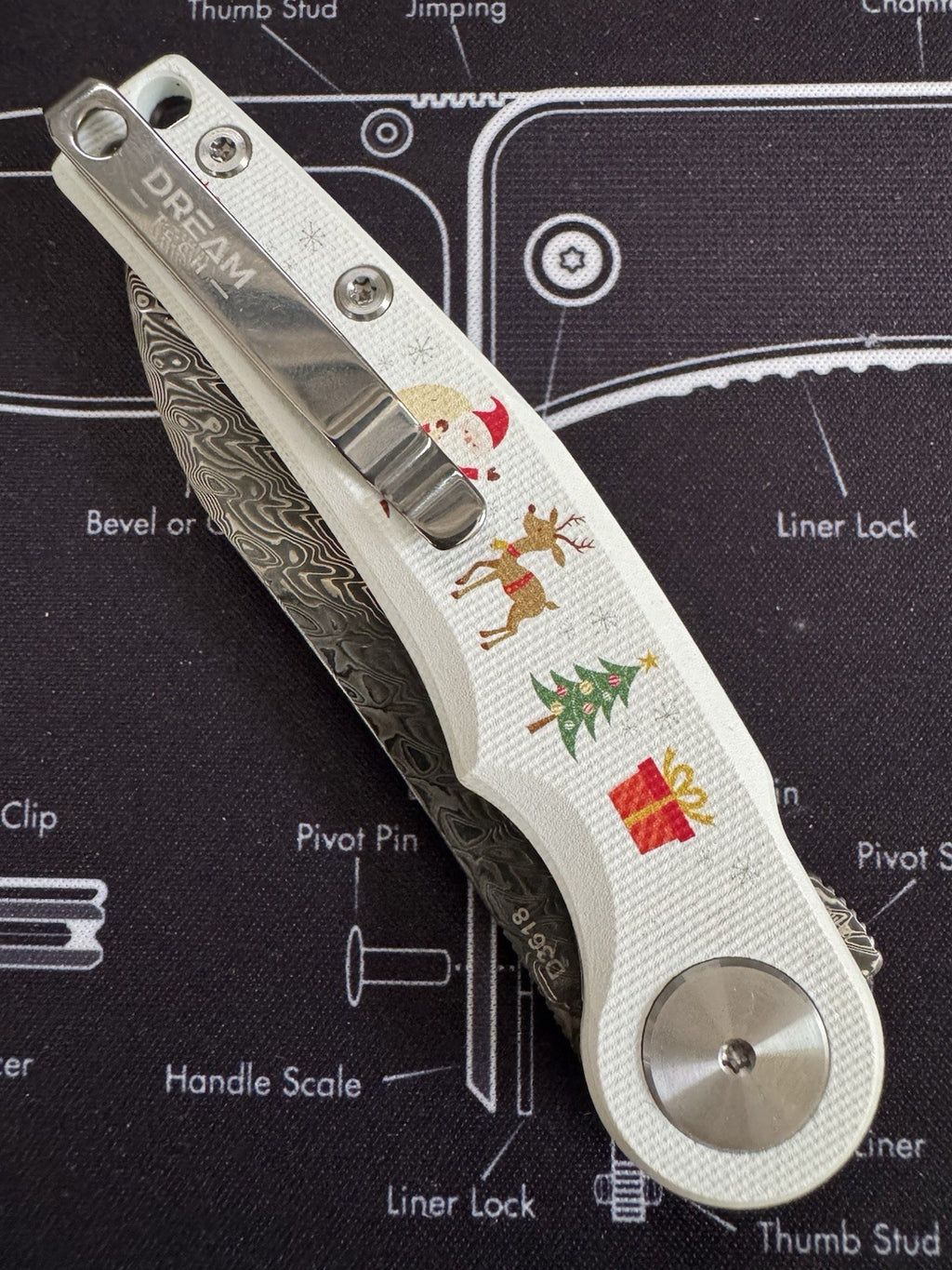 DREAMTECH Christmas Damascus Blade White G10 Flipper EDC Knife LIMITED EDITION