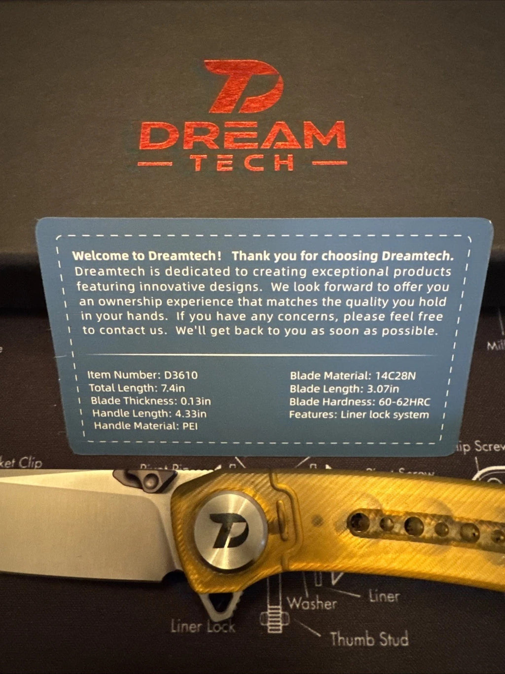 Dreamtech, Liner Lock, Yellow PEI Handle, 14C28N Blade, D3610PY