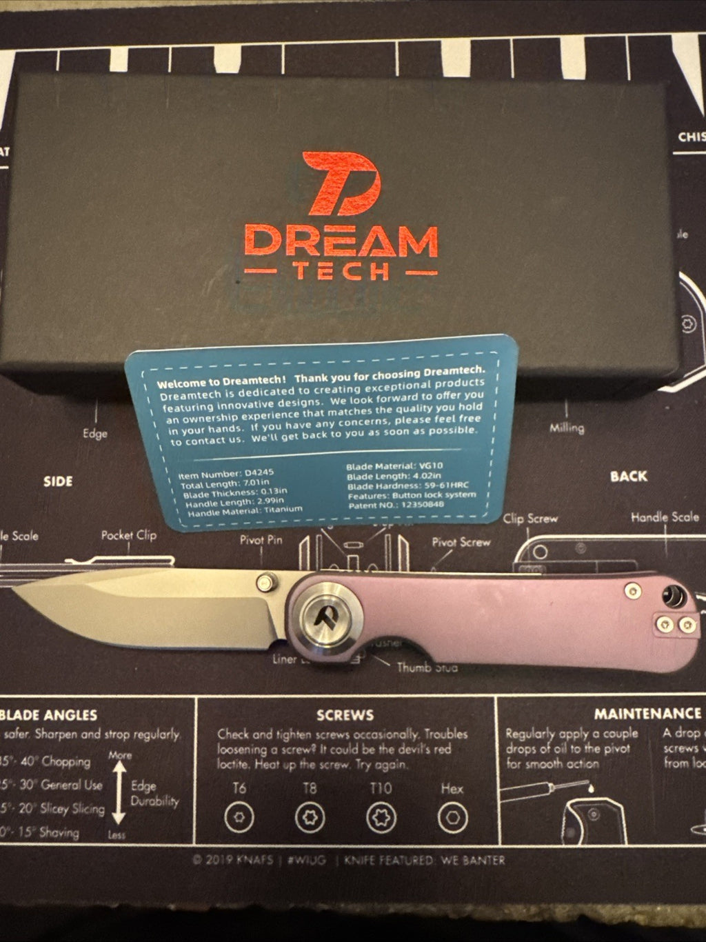 Dreamtech Button Lock, Purple Titanium Handle, DG10 Blade, Model D4245TP