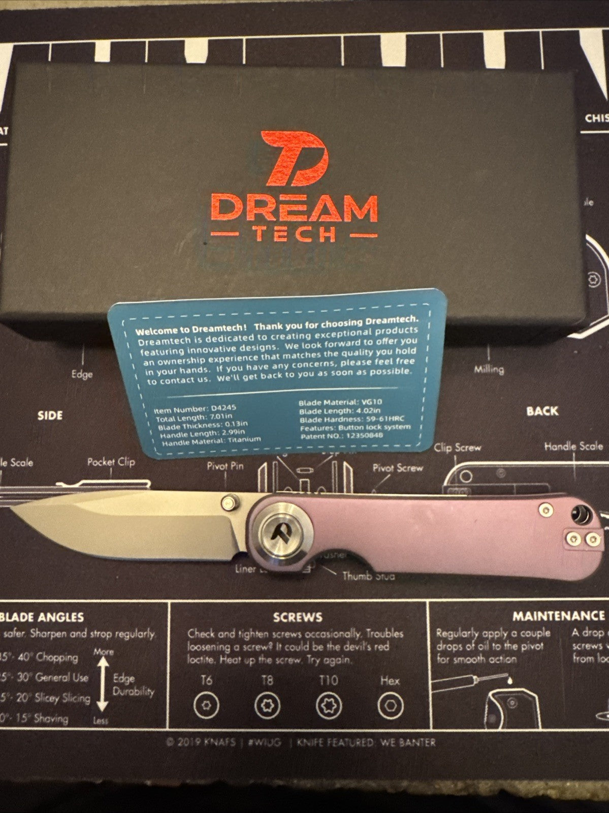 Dreamtech Button Lock, Purple Titanium Handle, DG10 Blade, Model D4245TP