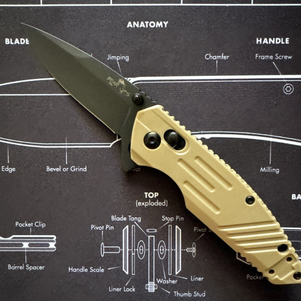 Bear & Son Rancor IX Slide Lock Flipper Knife 4-3/8" Blade - Desert Sand