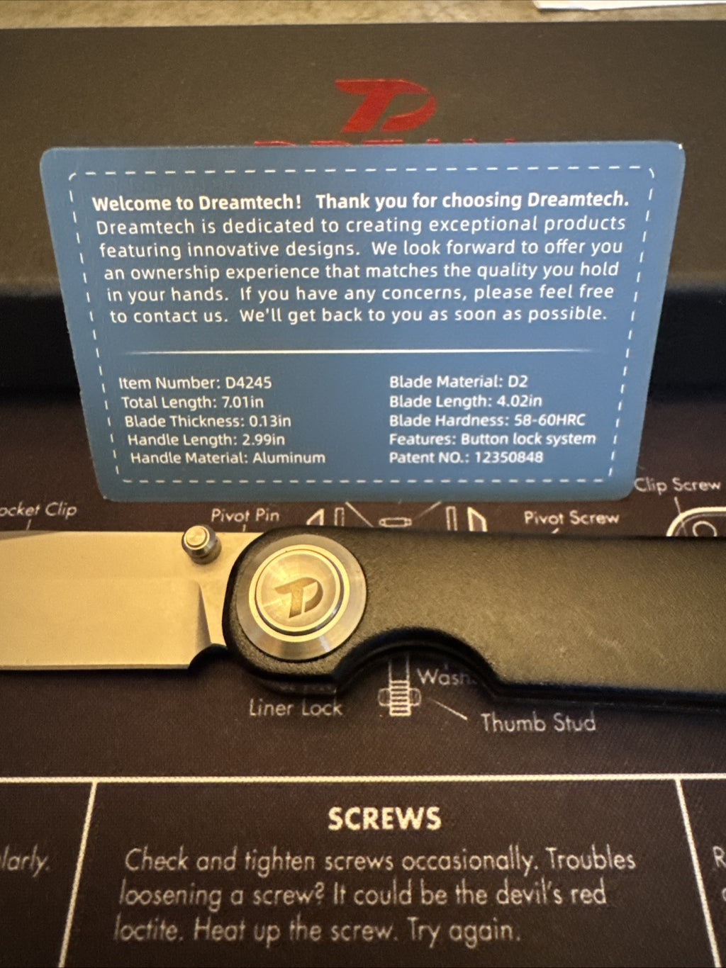 Dreamtech Button Lock, Black Aluminum Handle, D2 Blade, Model D4245AB