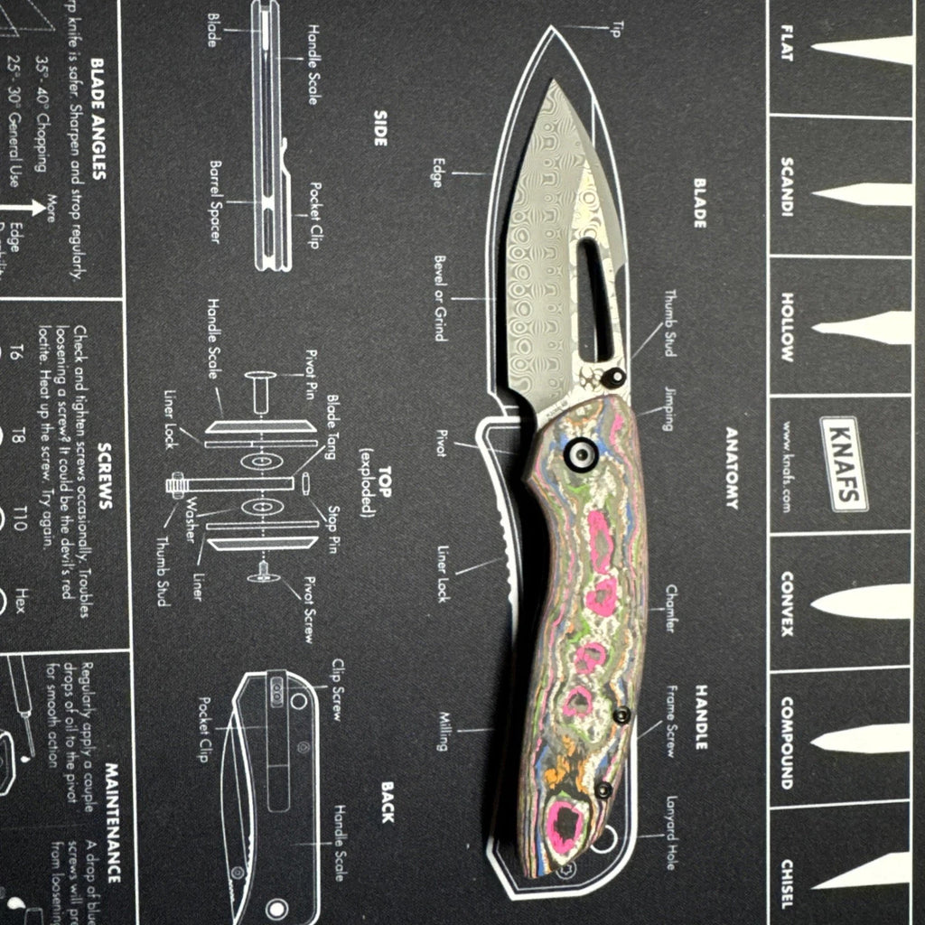 Kansept Link Folding Knife 80S Camo CF/Ti Handle Damascus Plain Edge