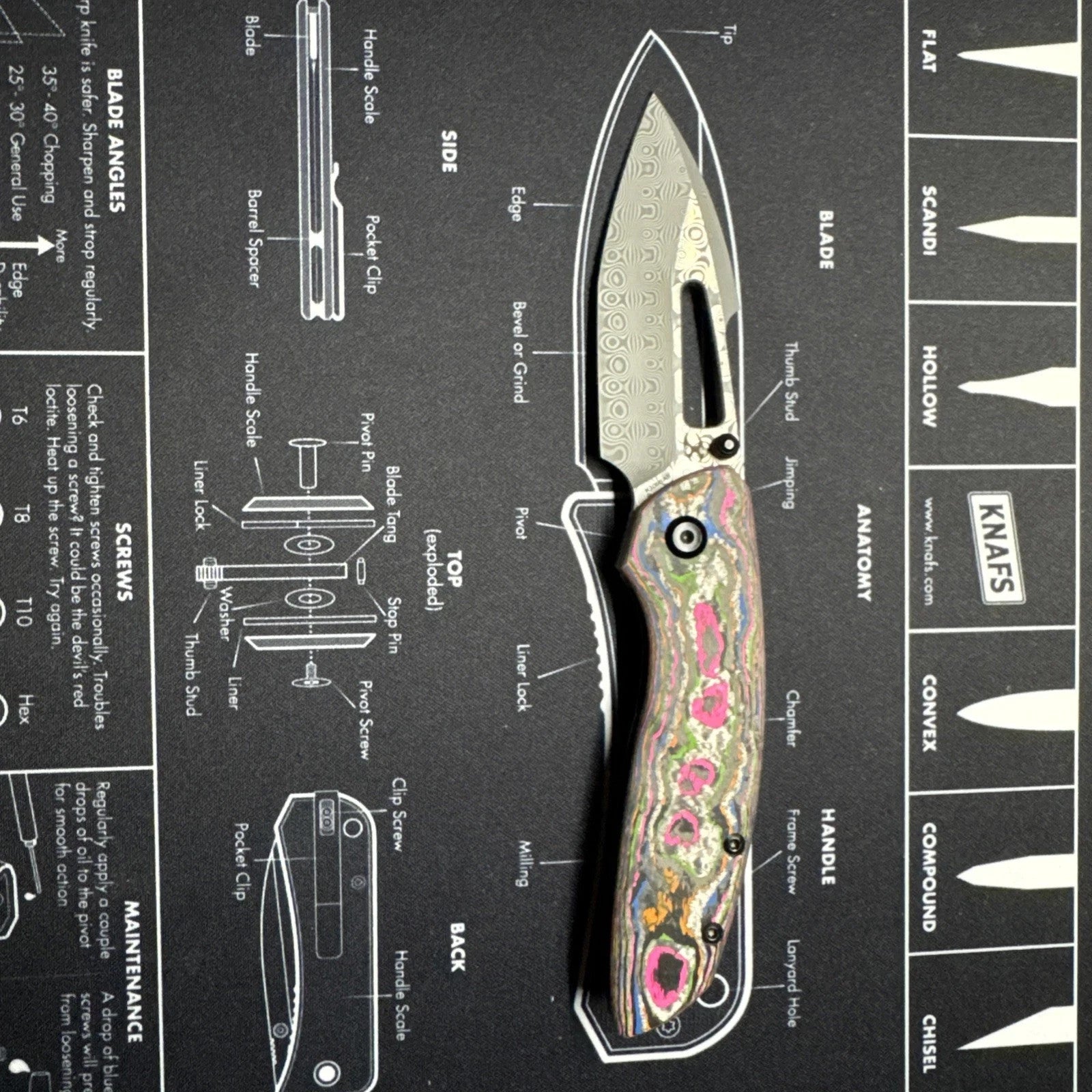 Kansept Link Folding Knife 80S Camo CF/Ti Handle Damascus Plain Edge
