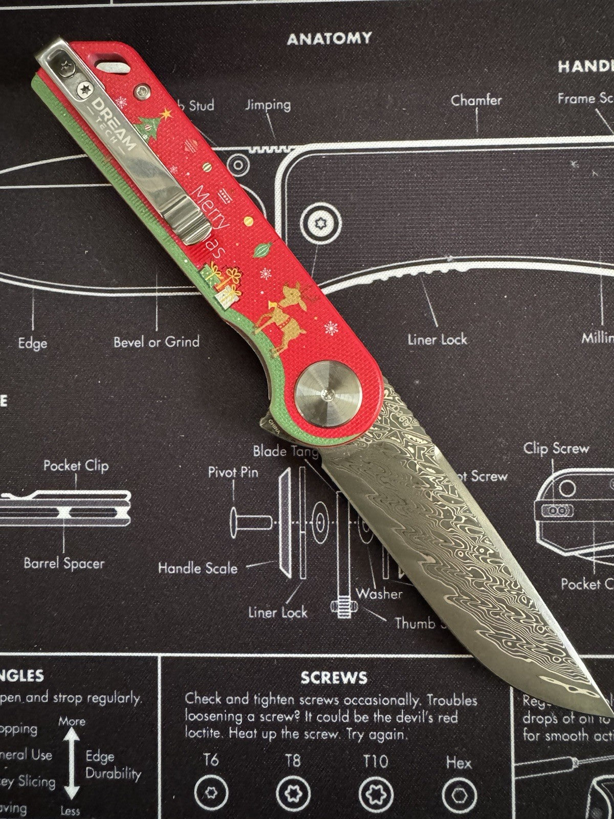 DREAMTECH Christmas Damascus Blade Red G10 Handle Flipper EDC Knife LIMITED