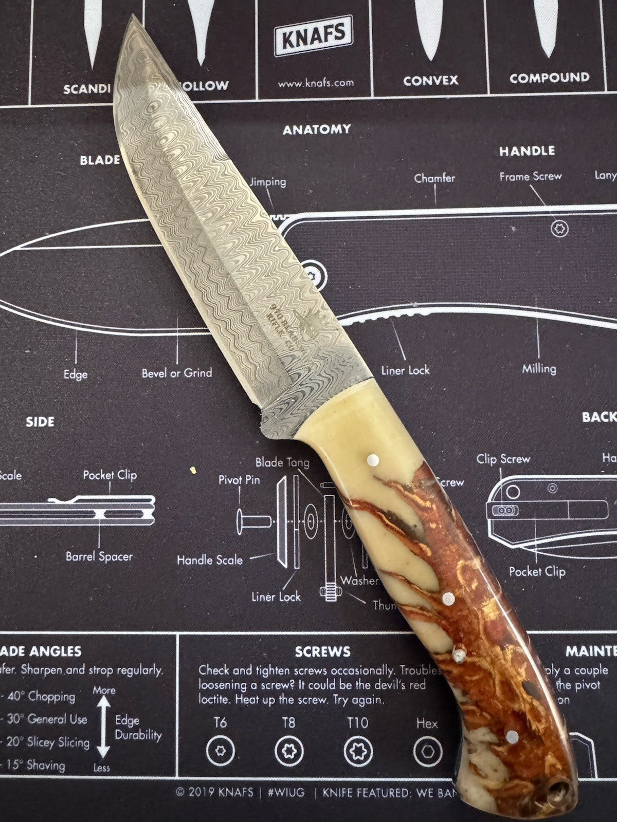 USA MADE Fixed blade - Damascus Blade - Pine Cone Handlle - 970 Bladeworks
