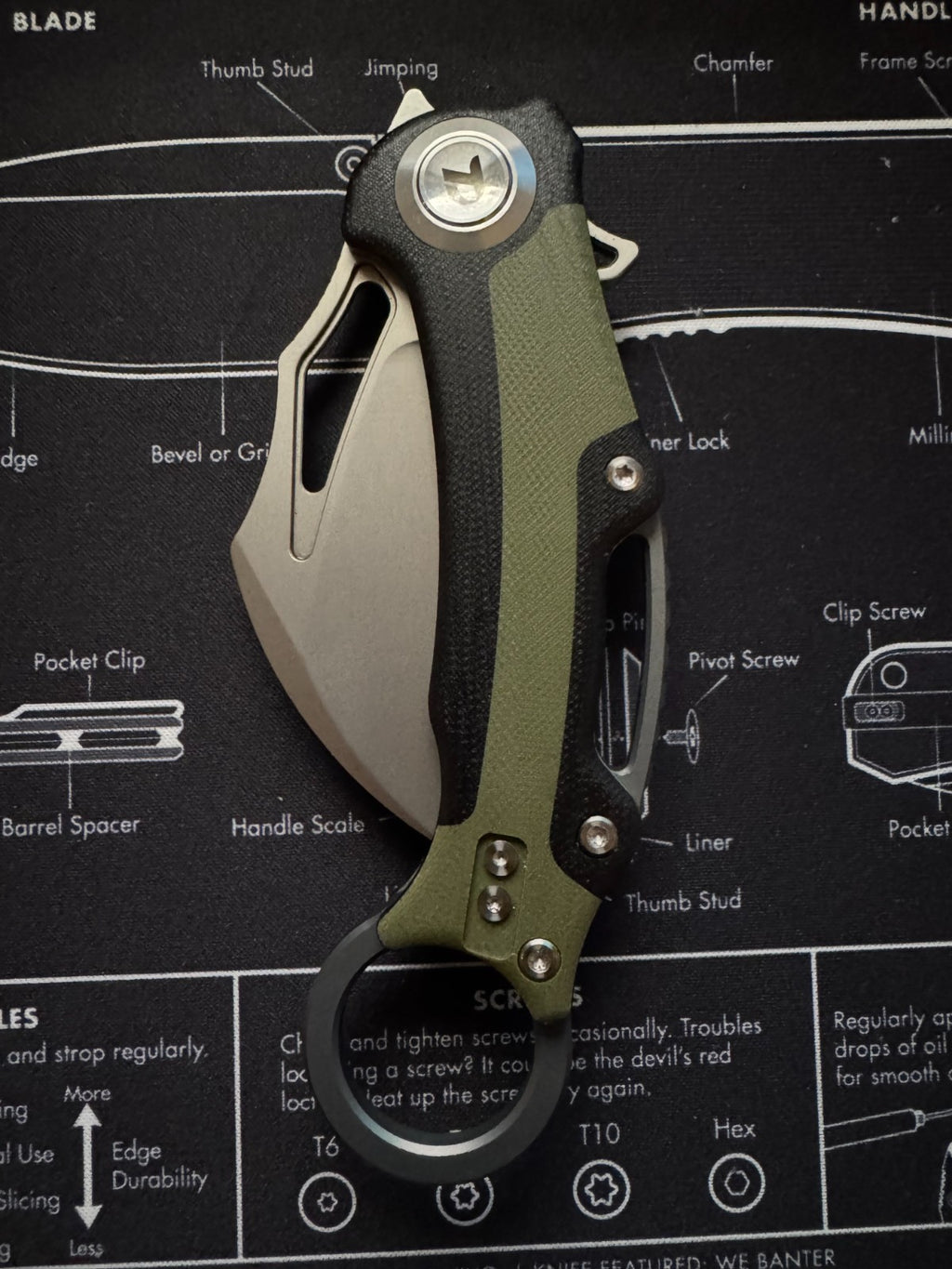 Dreamtech Button Lock Karambit Black & Green G10 Folding 14C28N Sandvik Pocket