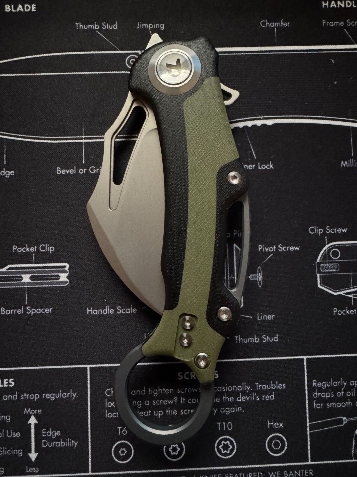 Dreamtech Button Lock Karambit Black & Green G10 Folding 14C28N Sandvik Pocket