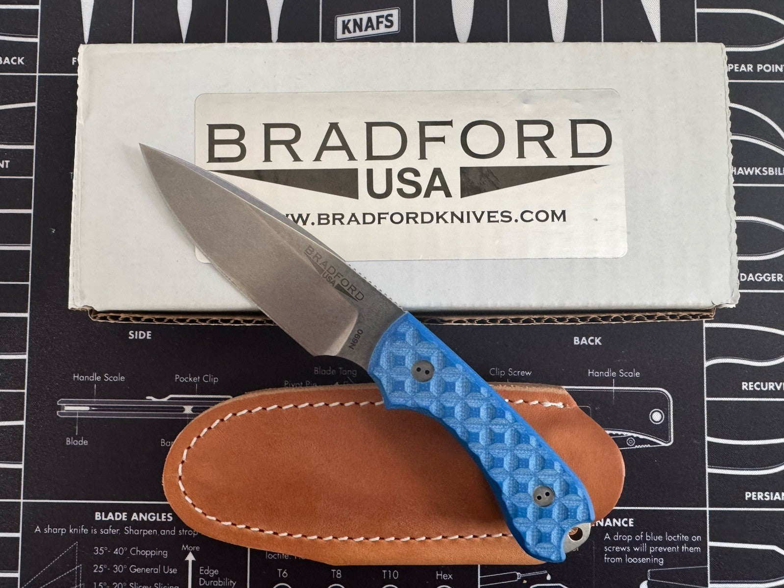 Bradford Guardian 3 Patriot Blue Textured N690 Steel W Leather Sheath
