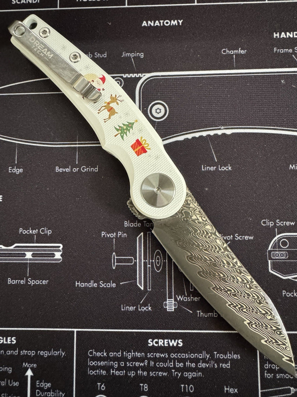 DREAMTECH Christmas Damascus Blade White G10 Flipper EDC Knife LIMITED EDITION