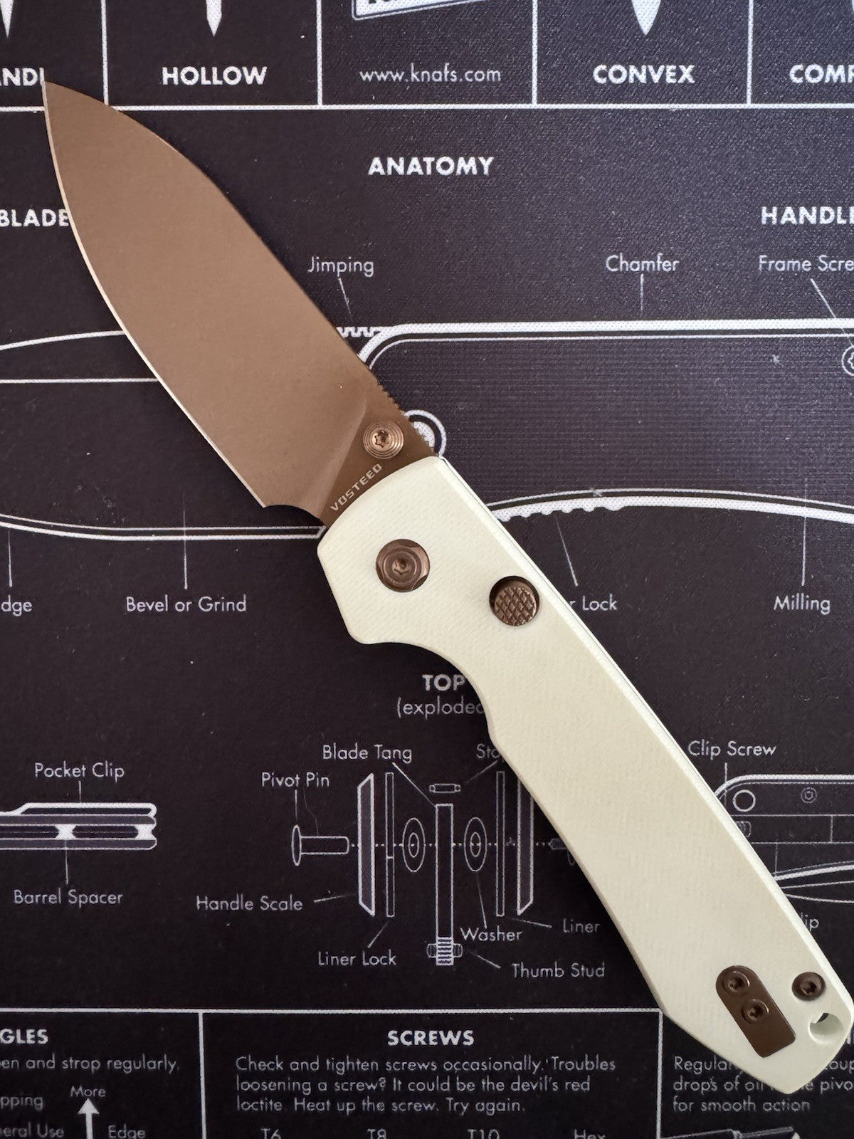 Vosteed Raccoon Folding Knife White G10 Handle 14C28N Plain Copper Dune A2913