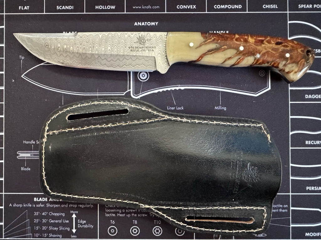 USA MADE Fixed blade - Damascus Blade - Pine Cone Handlle - 970 Bladeworks