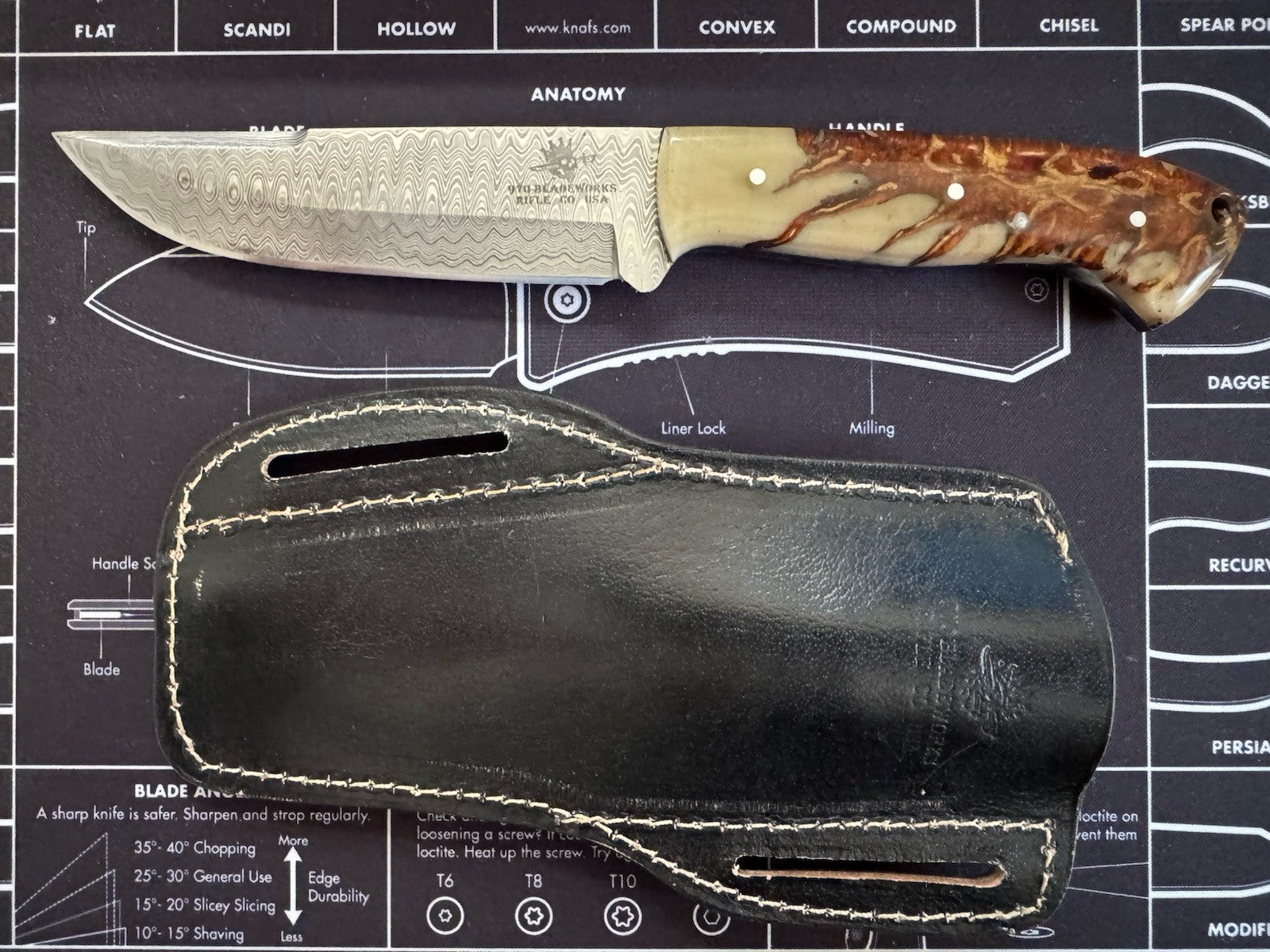 USA MADE Fixed blade - Damascus Blade - Pine Cone Handlle - 970 Bladeworks