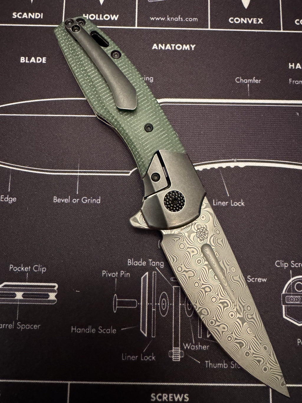 Kansept Knives Cassowary Folding Knife 3" Damascus Steel Blade Titanium/Micarta