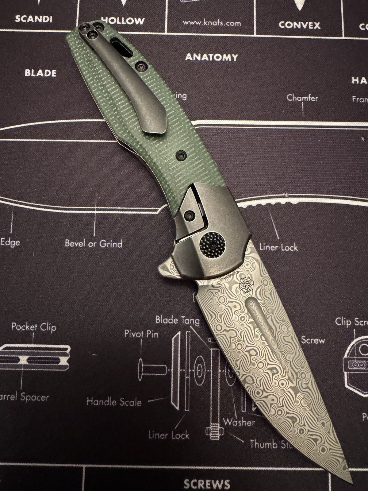 Kansept Knives Cassowary Folding Knife 3" Damascus Steel Blade Titanium/Micarta