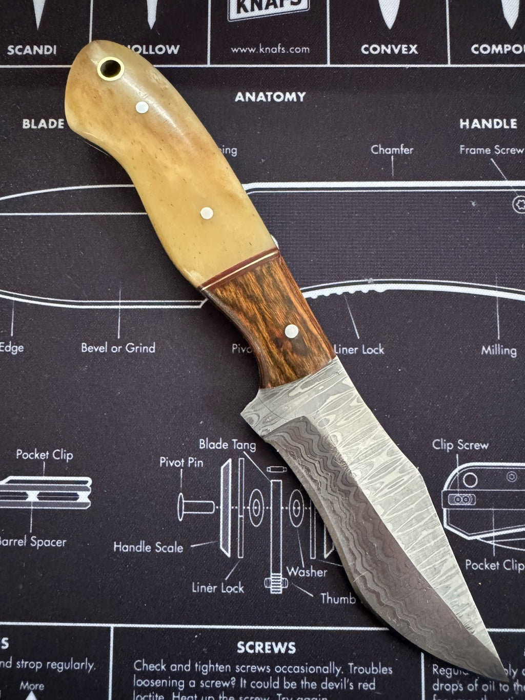USA MADE Fixed blade - Damascus Blade - Wood And Bone Handlle - 970 Bladeworks