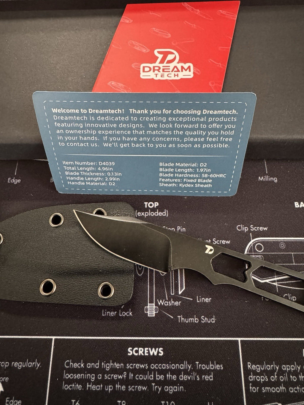 DREAMTECH D4038B Fixed Blade Knife Black Stonewashed D2 Steel w/ Kydex Sheath