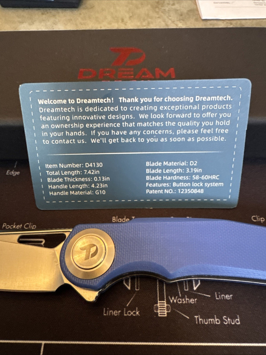 Dreamtech Button Lock, BLUE G10, D2 Steel, Model D4130BL