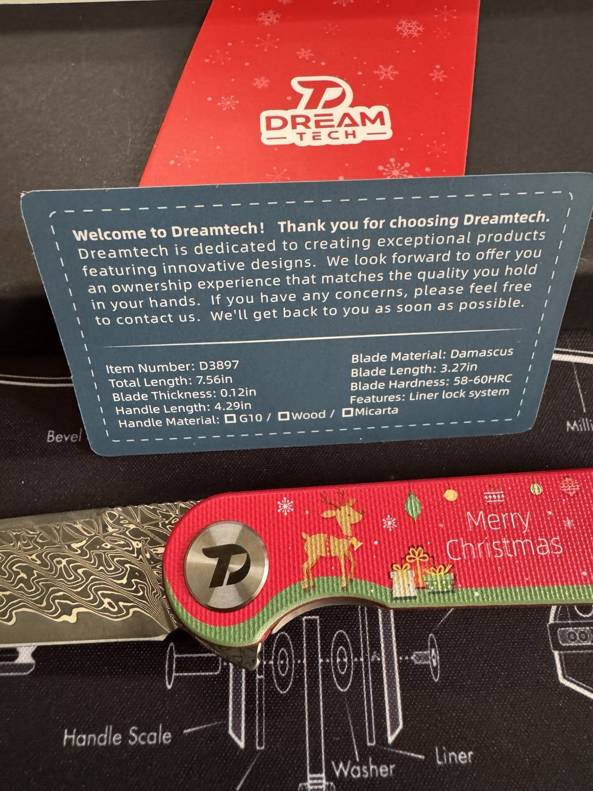 DREAMTECH Christmas Damascus Blade Red G10 Handle Flipper EDC Knife LIMITED