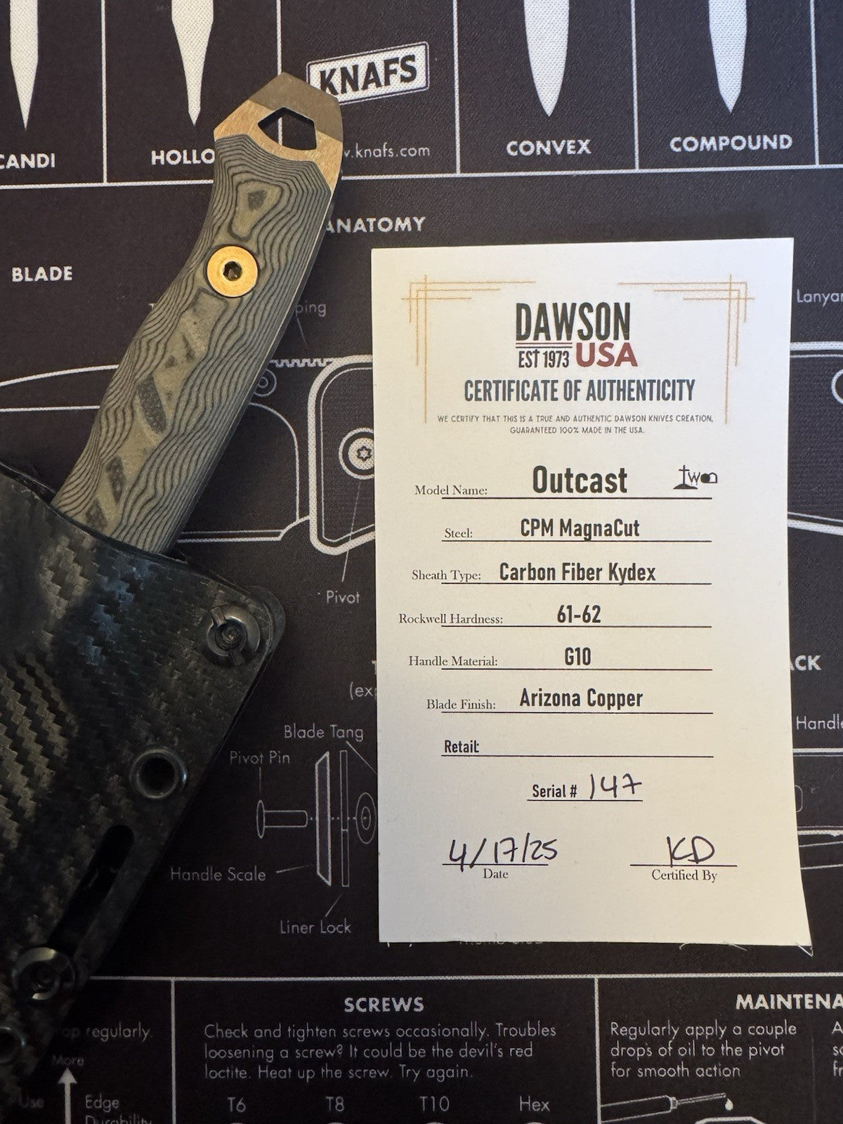 Dawson Outcast CPM Magnacut Carbon Fiber  Kydex Arizona Copper