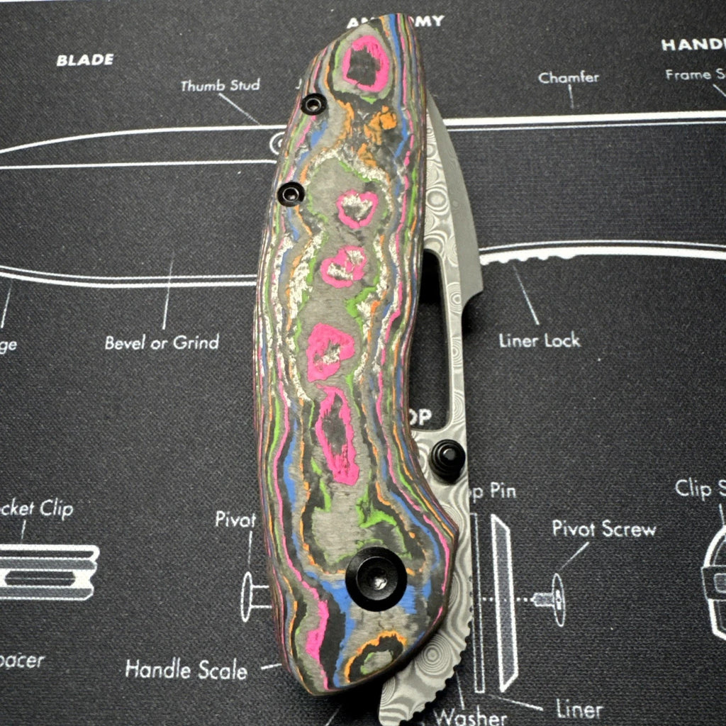 Kansept Link Folding Knife 80S Camo CF/Ti Handle Damascus Plain Edge