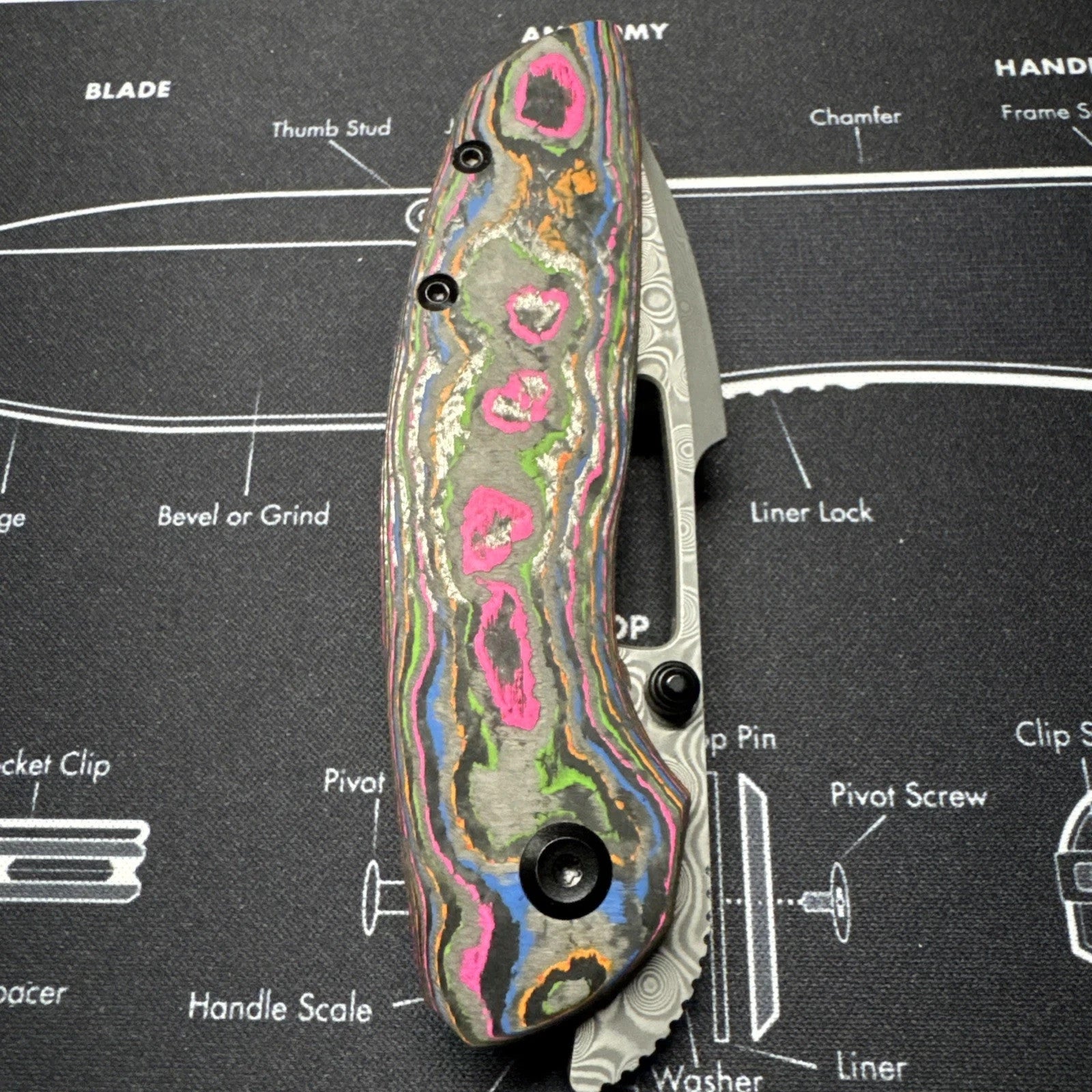 Kansept Link Folding Knife 80S Camo CF/Ti Handle Damascus Plain Edge