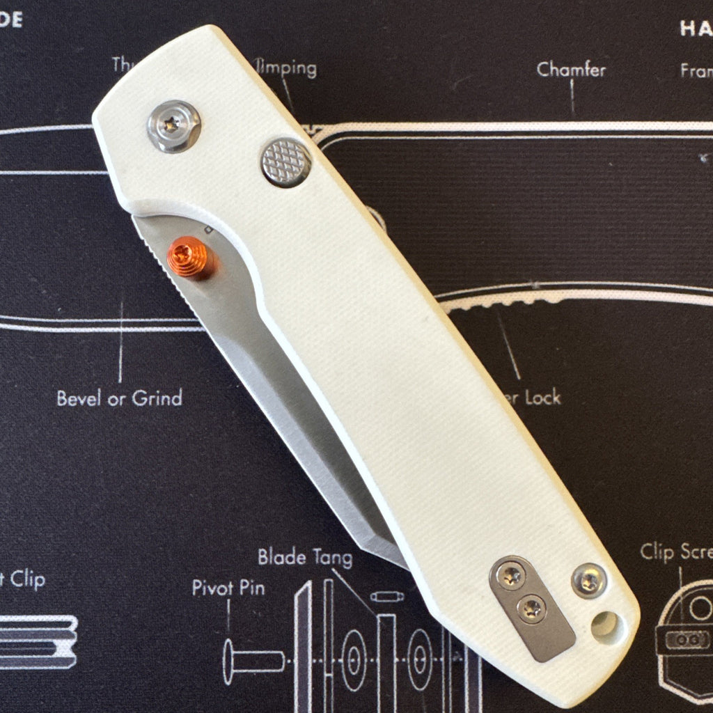 Vosteed Raccoon Folding Knife White G10 Handle 14C28N Bowie Plain Satin A2912