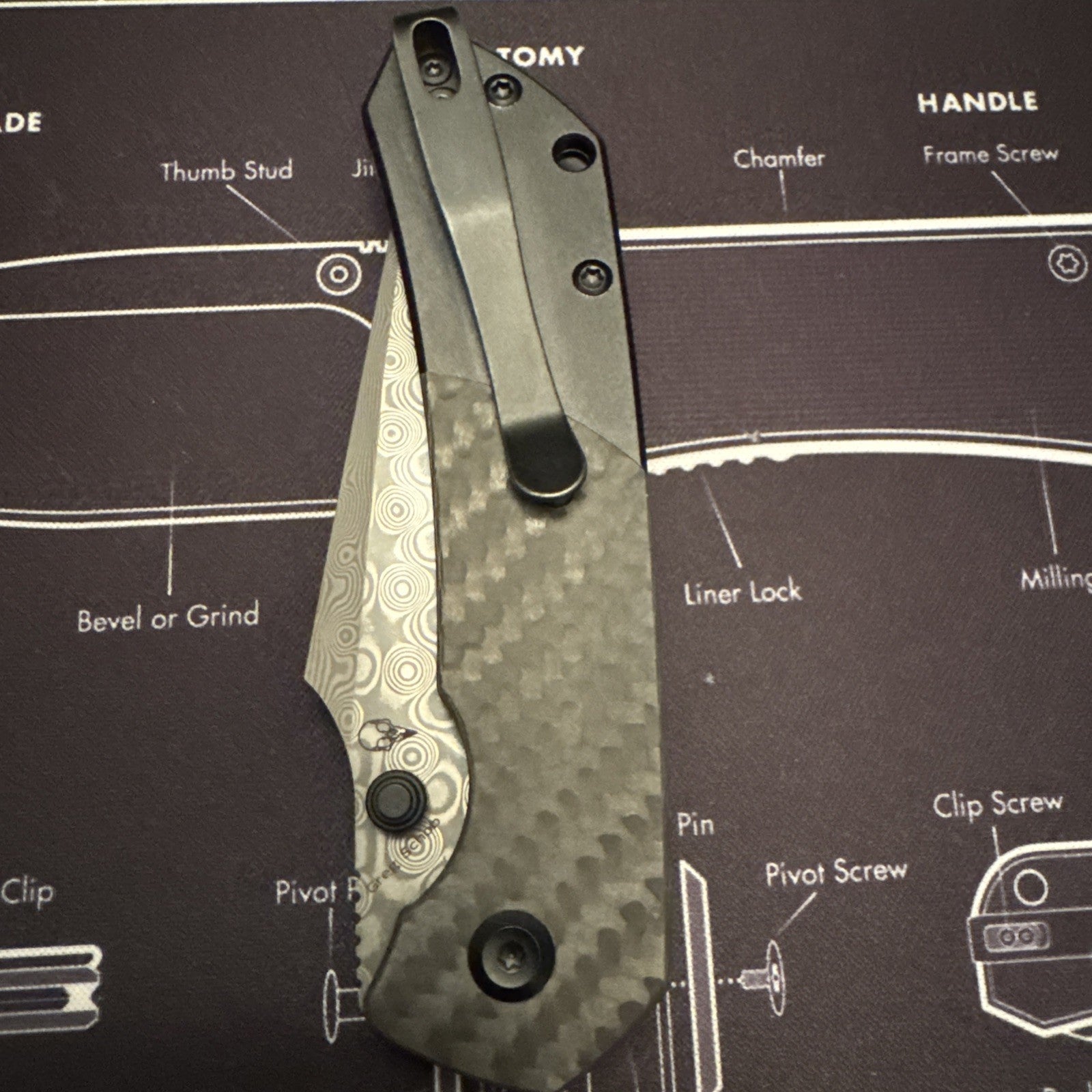 Kansept Fenrir Sparrow Damascus Blade, Carbon Fiber  Black wash Aluminum
