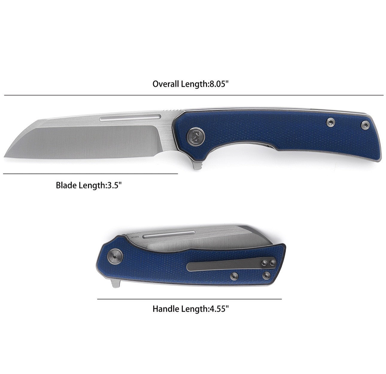 Miguron Knives Malory Flipper Folding Knife 3.5" Satin 14C28N Blade Blue Micarta