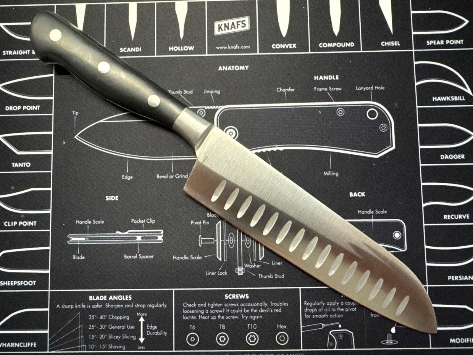 Santoku Kitchen Knife 7.25" Satin Finish Stainless Blade Black Synthetic Handle