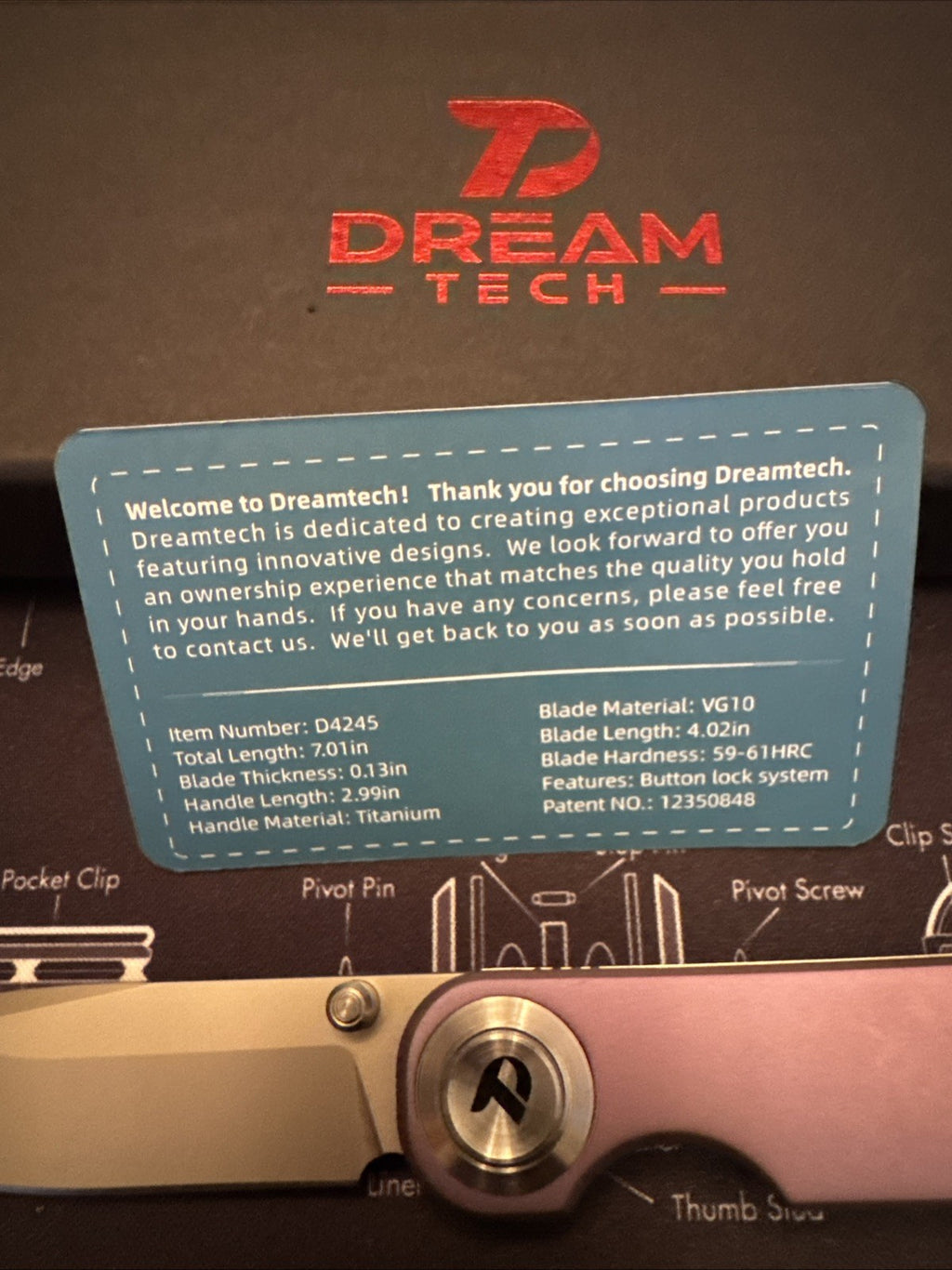 Dreamtech Button Lock, Purple Titanium Handle, DG10 Blade, Model D4245TP