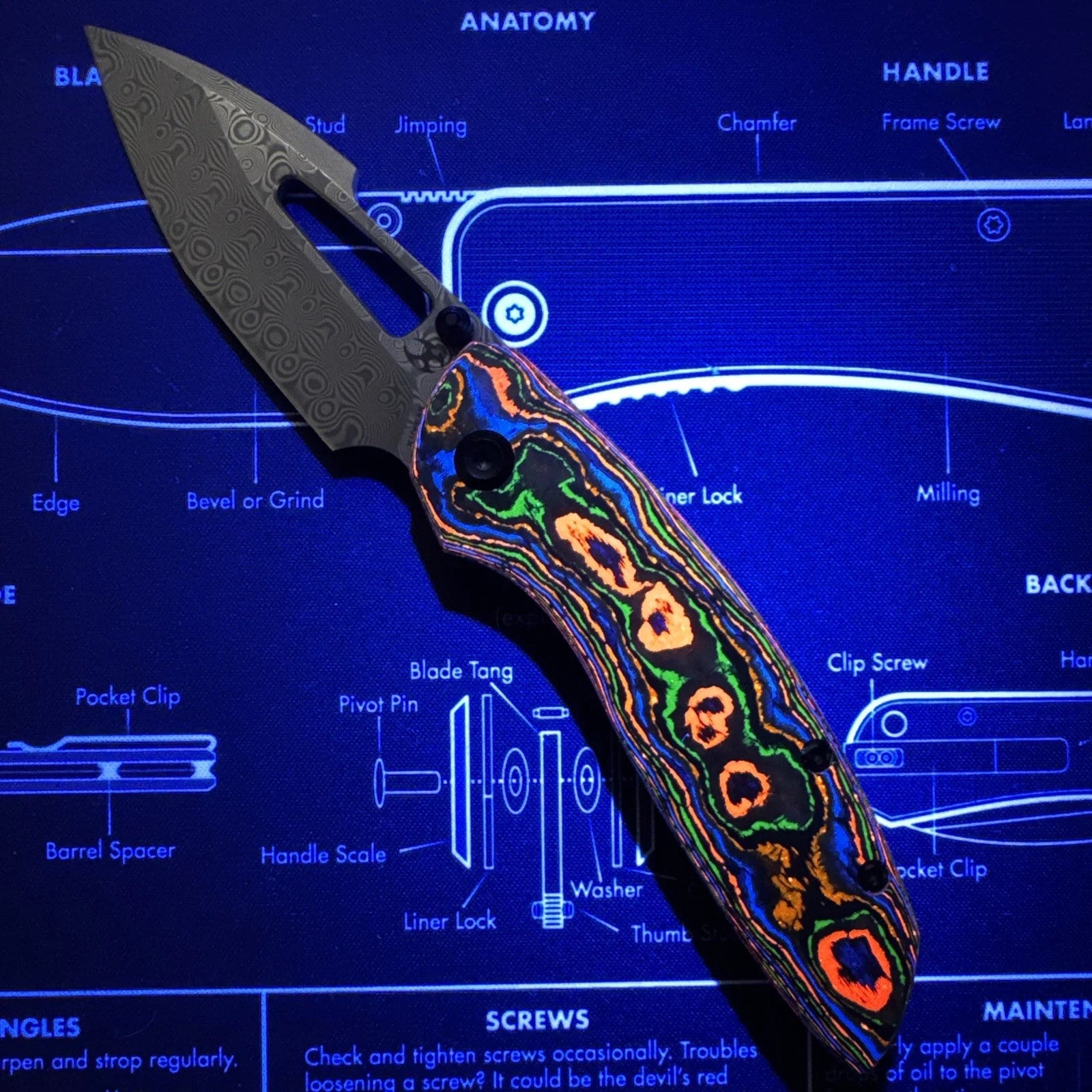 Kansept Link Folding Knife 80S Camo CF/Ti Handle Damascus Plain Edge