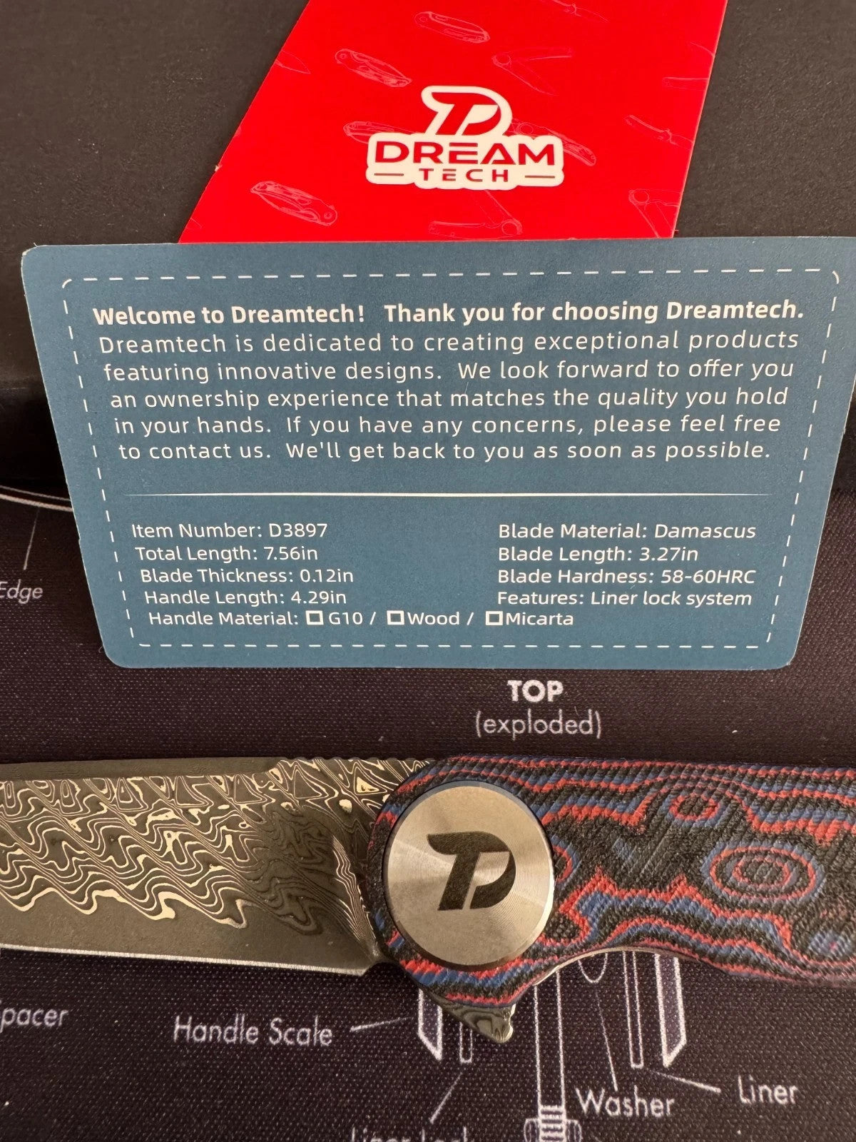 DREAMTECH Liner Lock Knife D3897MRD Camo Carbon Micarta 3.27” Damascus