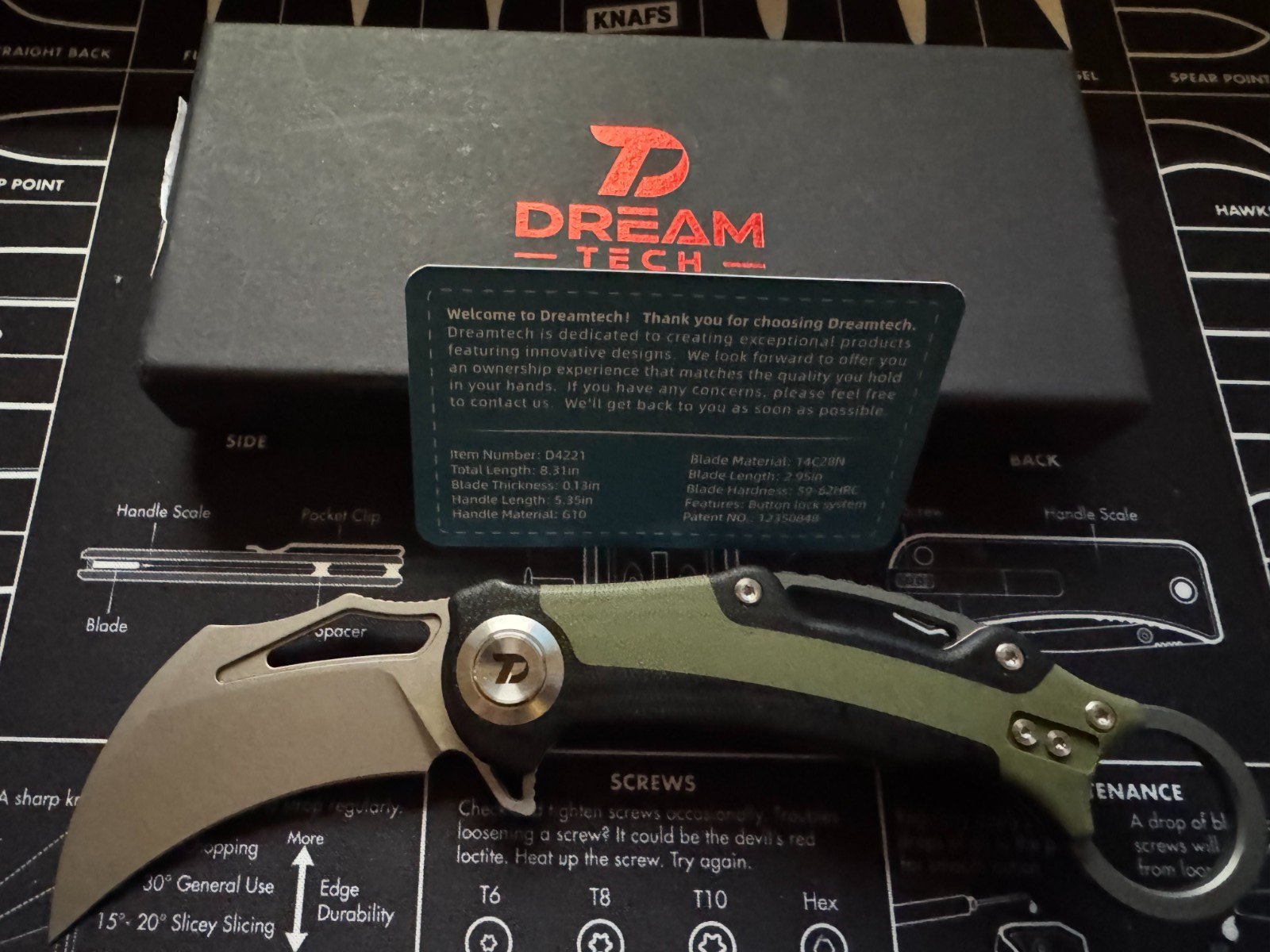 Dreamtech Button Lock Karambit Black & Green G10 Folding 14C28N Sandvik Pocket