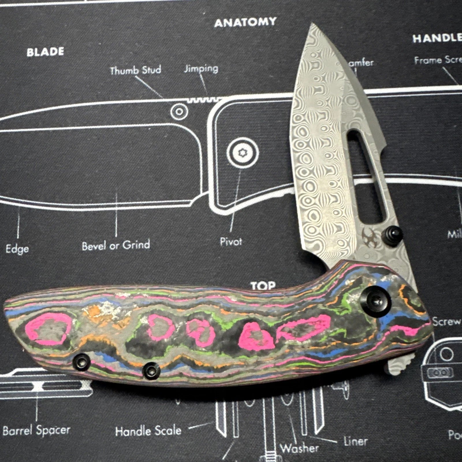 Kansept Link Folding Knife 80S Camo CF/Ti Handle Damascus Plain Edge