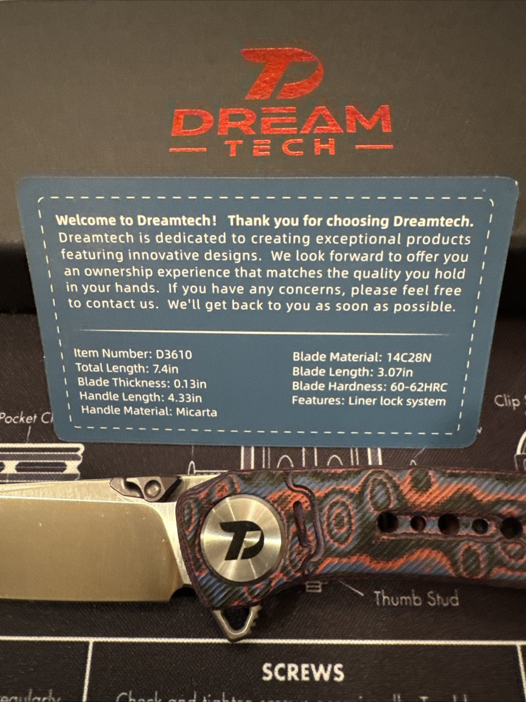 Dreamtech Micarta Handle, 14C28N Blade, Model: d3610MR (spiderman)