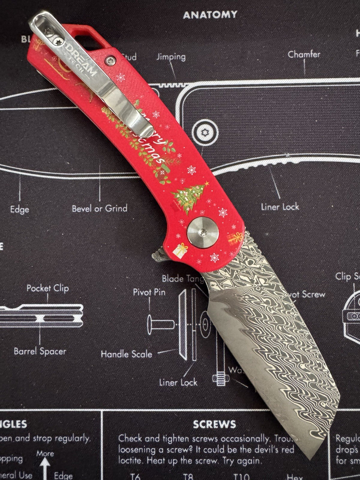 Dreamtech Christmas Collection Damascus Clever Blade Red Xmas G10 Handle D3599CD