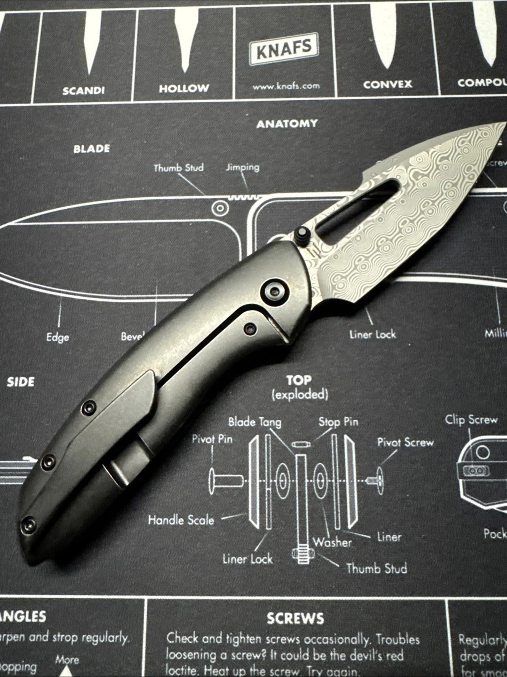 Kansept Link Folding Knife 80S Camo CF/Ti Handle Damascus Plain Edge