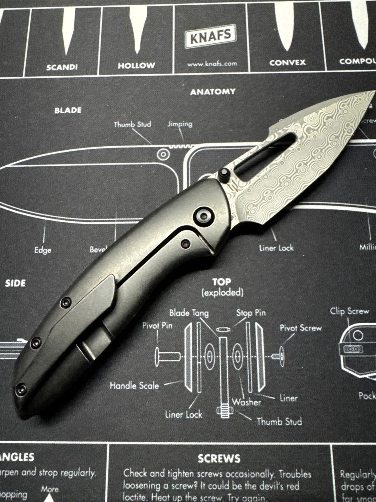 Kansept Link Folding Knife 80S Camo CF/Ti Handle Damascus Plain Edge