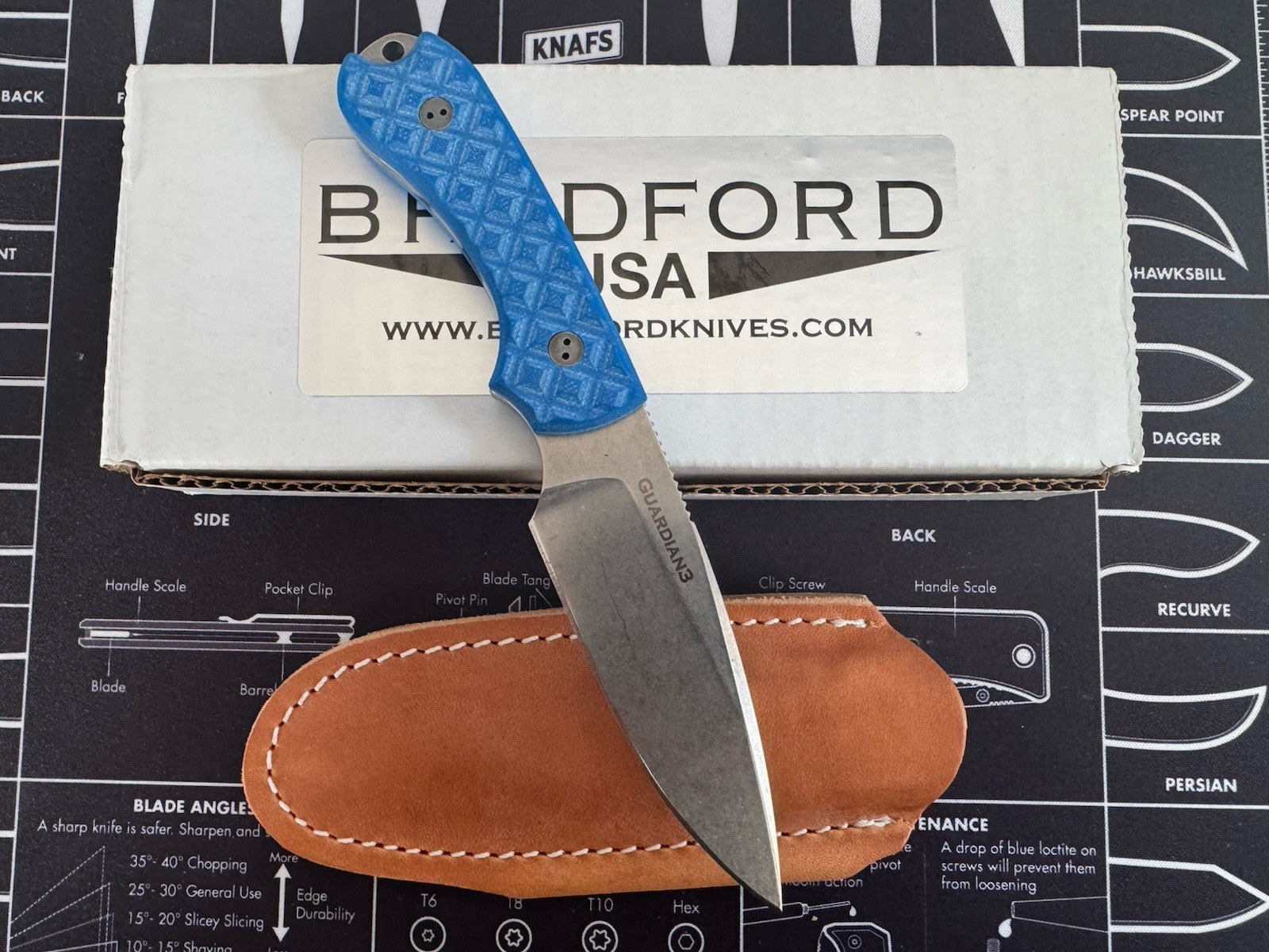 Bradford Guardian 3 Patriot Blue Textured N690 Steel W Leather Sheath