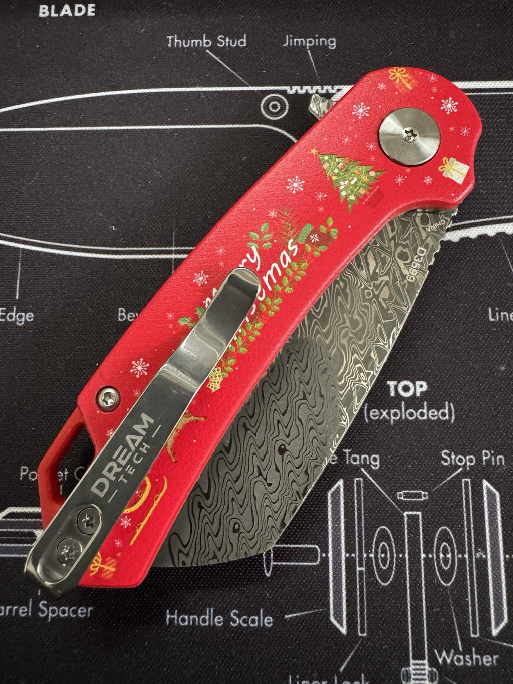 Dreamtech Christmas Collection Damascus Clever Blade Red Xmas G10 Handle D3599CD