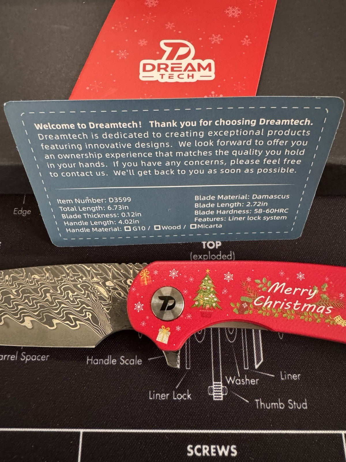 Dreamtech Christmas Collection Damascus Clever Blade Red Xmas G10 Handle D3599CD