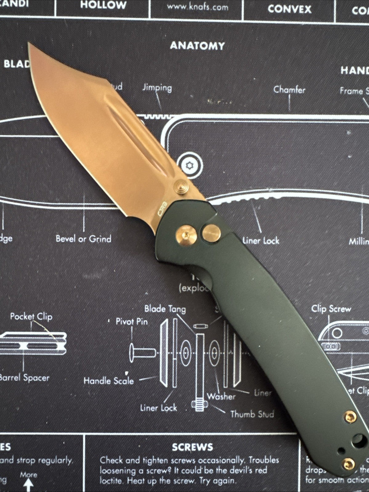 CJRB Bowie Pyrite Folding Knife 3.13" AR-RPM9 Steel Blade Black Stainless Handle