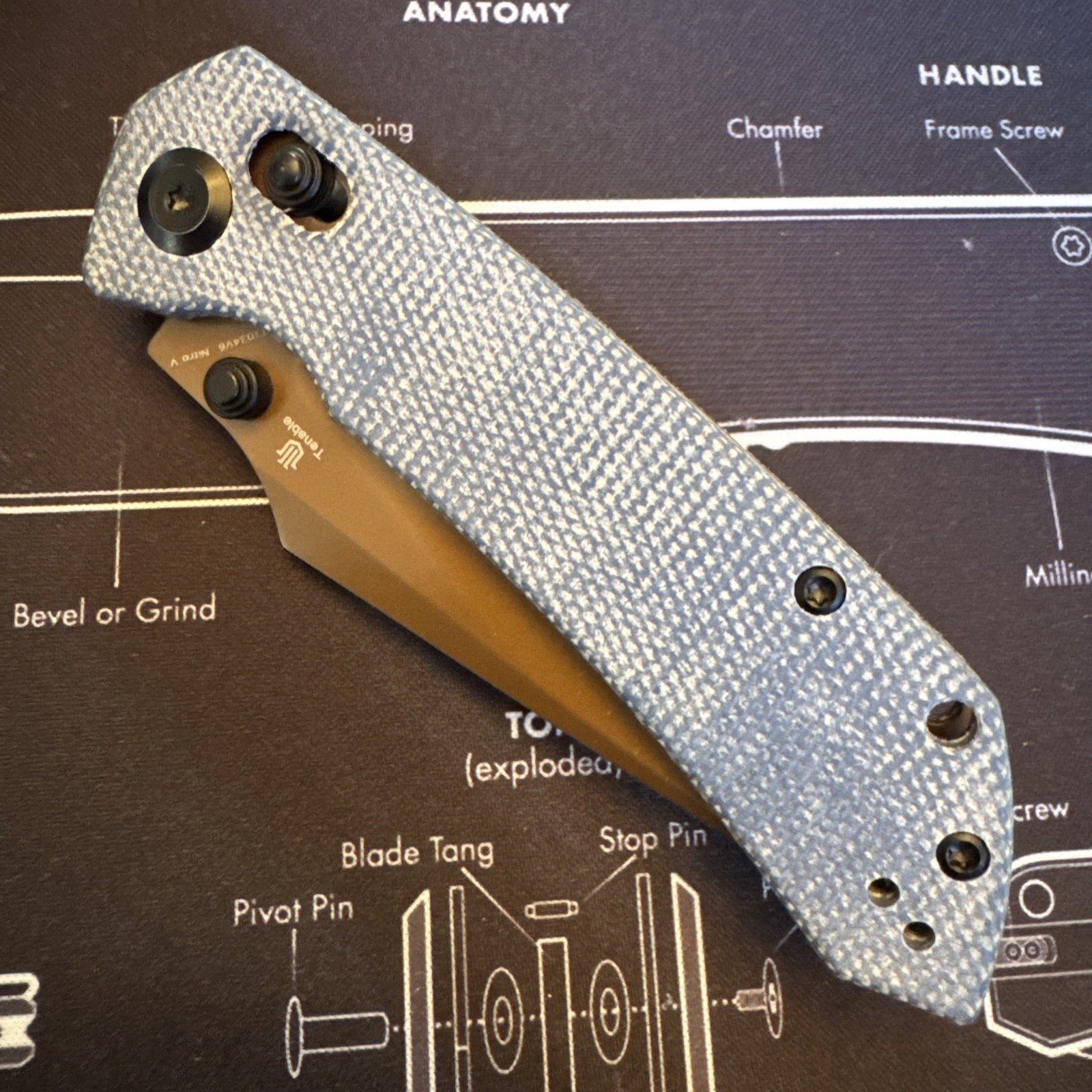 Tenable Fenrir Crossbar Lock Knife Blue Micarta Rose Gold Nitro V Blade T1034V6
